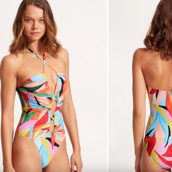 Seafolly Tropfest Lace Up Bandeau Maillot One-piece Swimsuit - Picture 2 of 2